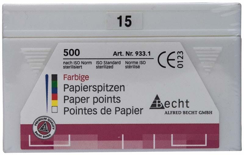 Farbig verpackte Papierspitzen von Alfred Becht für den dentalen Einsatz.