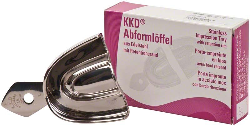 Abformlöffel aus Edelstahl mit Verpackung, Aufschrift "KKD Abformlöffel".