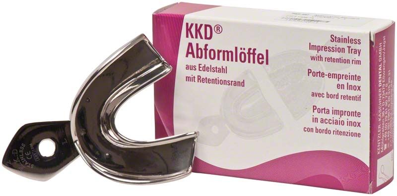 Abformlöffel solide glatt UK-2 L vor Verpackung mit Produktinformationen.