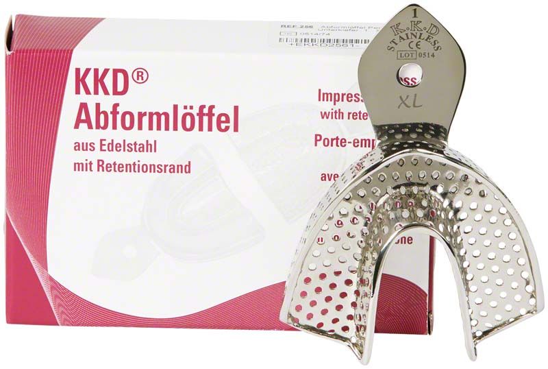 Abformlöffel perforiert UK-1 XL aus Edelstahl vor Verpackung.