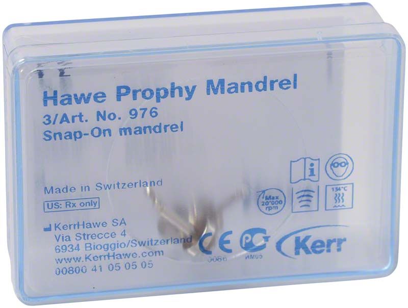 Prophy Mandrells Snap-On in transparenter Kunststoffverpackung mit blauer Beschriftung.