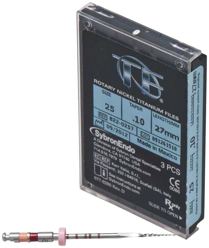 SybronEndo TF® Twisted Feilen 27mm 25/.10 in Verpackung und Einzelansicht.