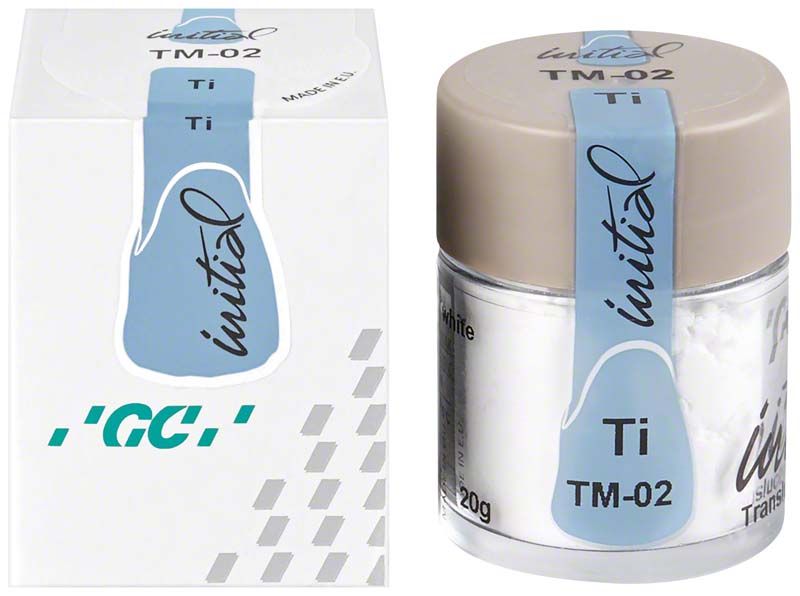 Glasbehälter mit Deckel, beschriftet mit "GC Initial Ti Translucent Modifier TM-02".