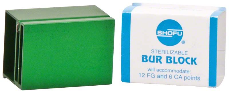 Grüner Bohrerständer neben Verpackung mit Shofu-Logo.