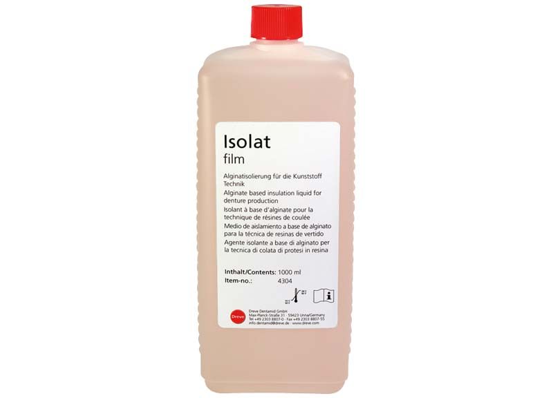 Isolat Film Flasche mit rotem Verschluss und Etikett in mehreren Sprachen.