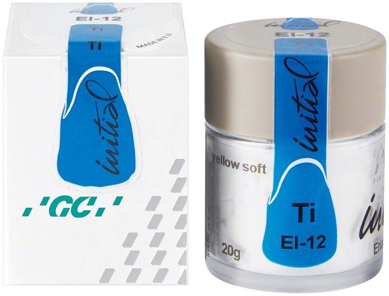 Glas mit GC Initial Ti Enamel Intensive EI-12, beige Verpackung daneben.