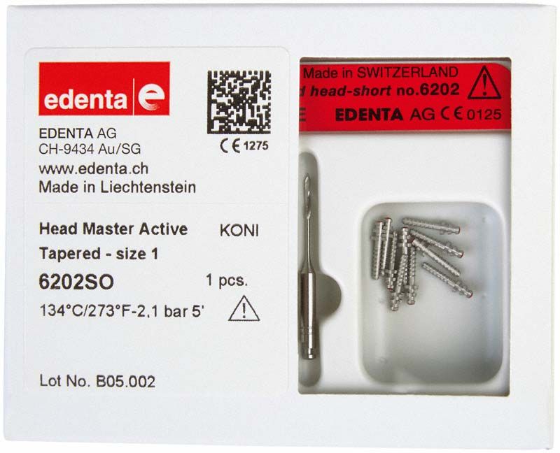 Head Master Active konisch Gr.1, Dentalimplantat-Stift in Verpackung.