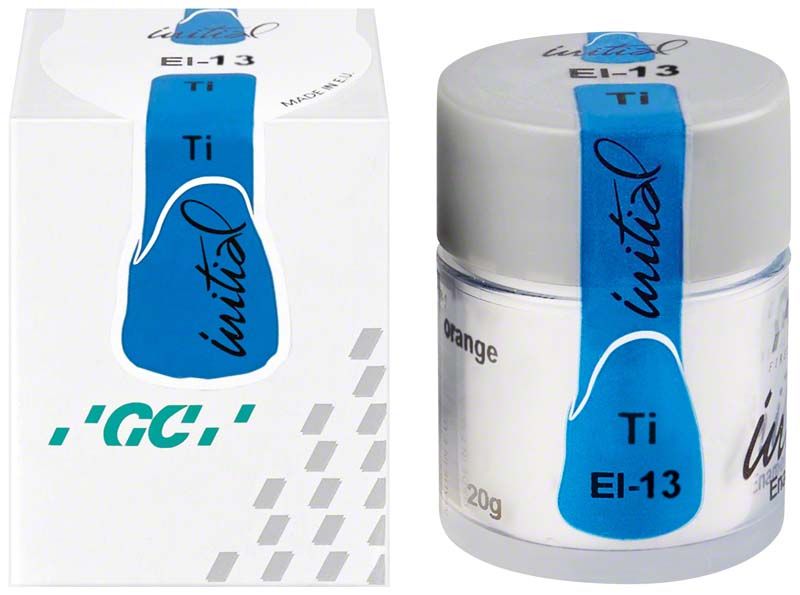 GC Initial Ti Enamel Intensive EI-13 Verpackung und Glasbehälter mit blauer Aufschrift.