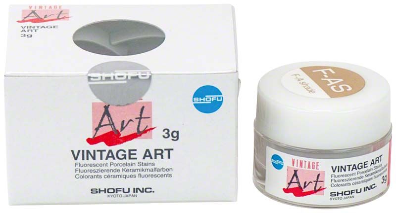 Vintage Art Color Stains F-AS, 3g Keramikfarbe in Verpackung und Tiegel.