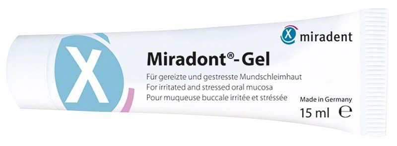 Miradont®-Gel Tube mit 15 ml für Mundschleimhautpflege, weiß-blaues Design