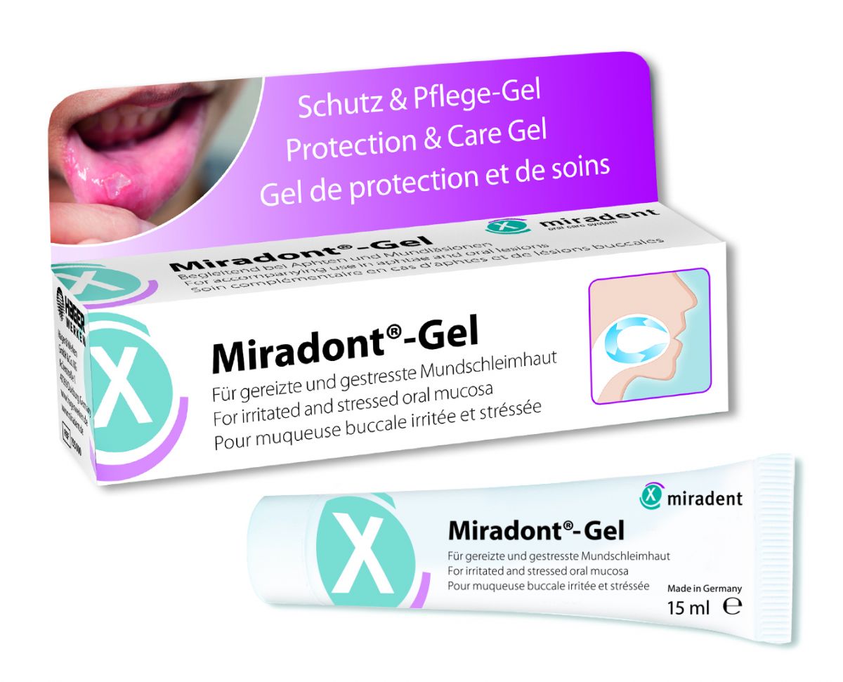 Miradont®-Gel Verpackung mit Lippenbild und Details zur Mundschleimhautpflege.