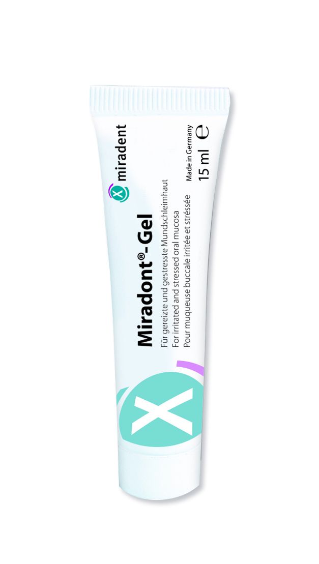 Miradont®-Gel Tube mit 15 ml, weiß-blaues Design, Schriftzug und Logo.