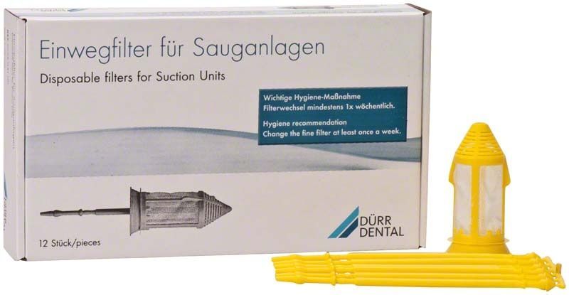 Einwegfilter gelb von Dürr Dental vor Verpackung mit 12 Stück.