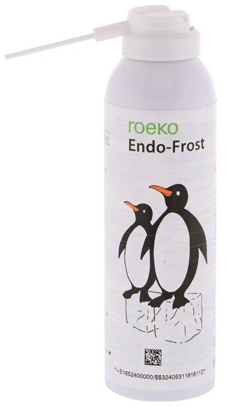 Endo Frost Kältespray-Dose mit Pinguin-Abbildung und Applikationsröhrchen.