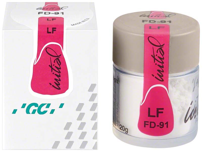 Dentinpulver GC Initial Ti Fluo-Dentin FD-91 in Kunststoffbehälter mit Etikett.