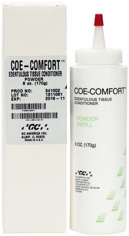 Pulverflasche Coe-Comfort™ mit Verpackung und Produktinformationen.