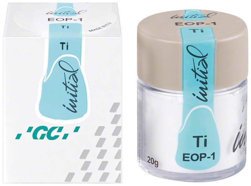 Dentalmaterial GC Initial Ti Enamel Opal EOP1 mit Verpackung und Behälter.