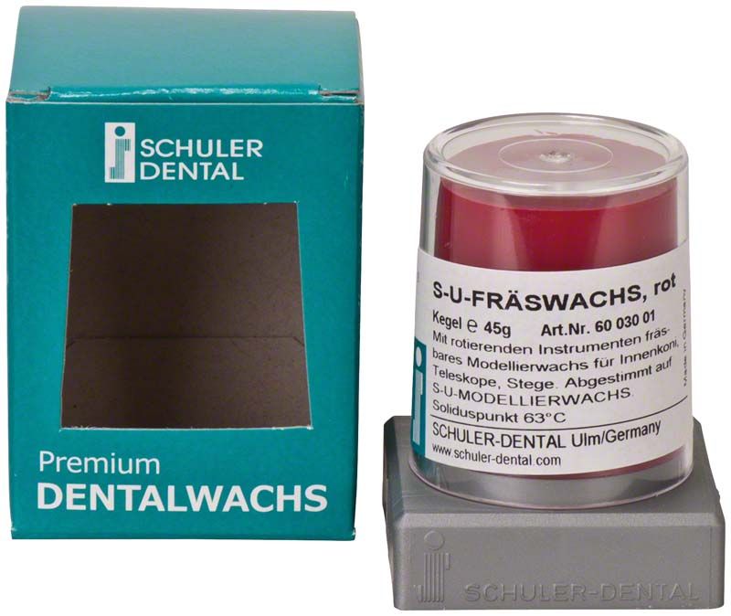Rotes S-U-Fräswachs in transparenter Verpackung von Schuler Dental.