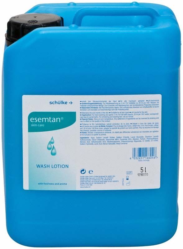 Esemtan Waschlotion 5 Liter Kanister mit Produktetikett auf blauem Behälter.
