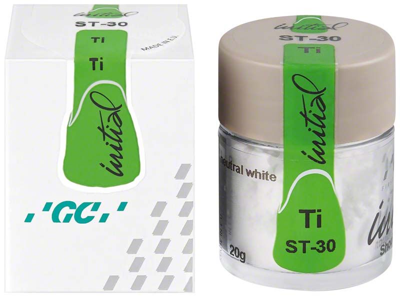 Behälter mit GC Initial Ti Shoulder Transparent ST-30, grünem Etikett und Verpackung.