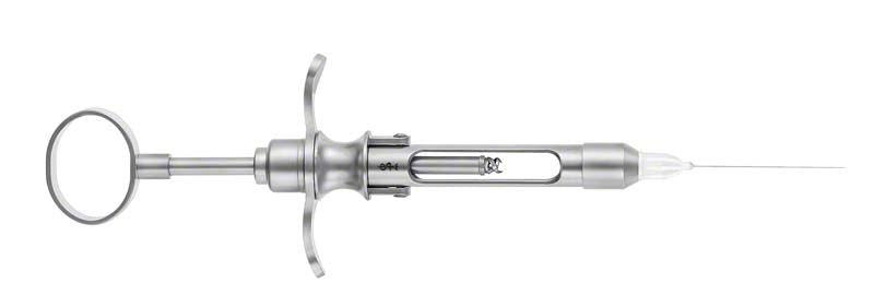 Zylinderampullenspritze aus Edelstahl mit Aspirationsvorrichtung für 1,8ml Ampullen.