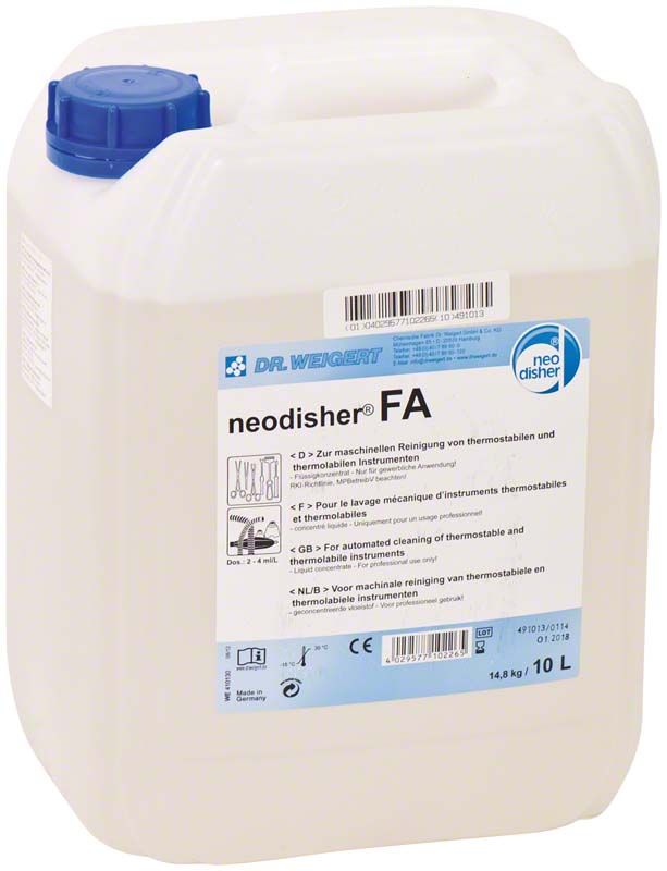 10-Liter-Kanister neodisher® FA alkalischer Reiniger für Dentalinstrumente.