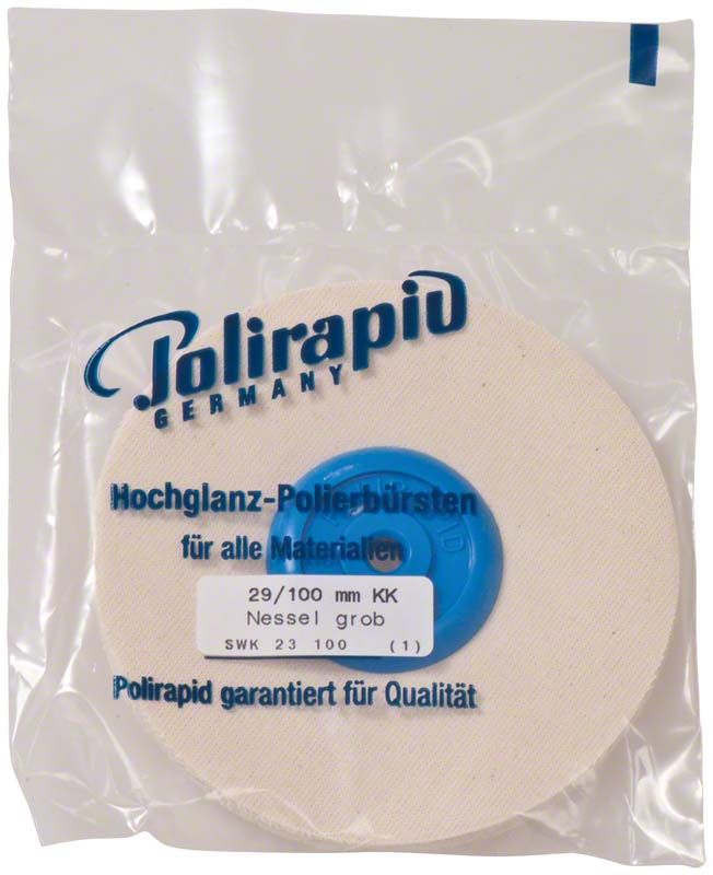 Polierscheibe aus Baumwollstoff in Verpackung mit blauem Aufsatz.