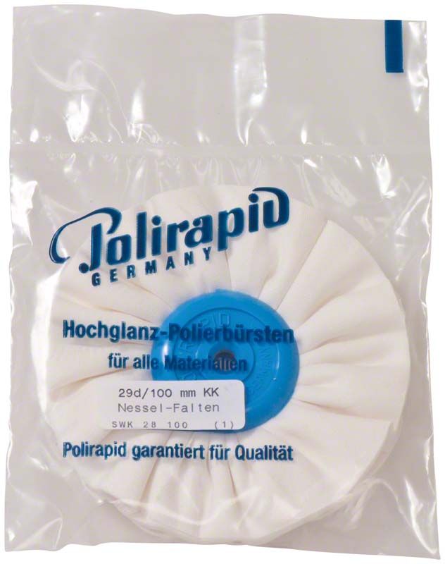 Falten-Schwabbel Polierscheibe mit blauem Kunststoffkern in Verpackung.