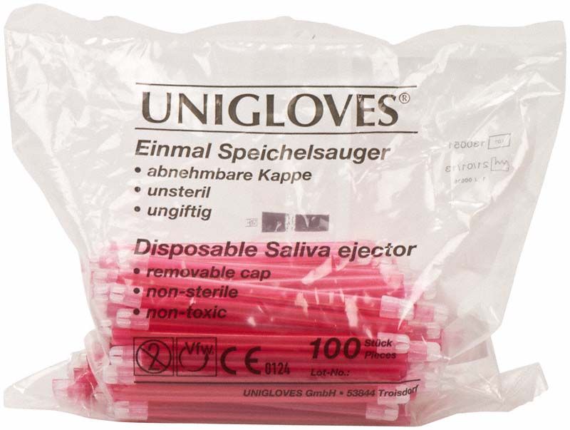 Speichelsauger mit roter abnehmbarer Kappe in Plastikverpackung.