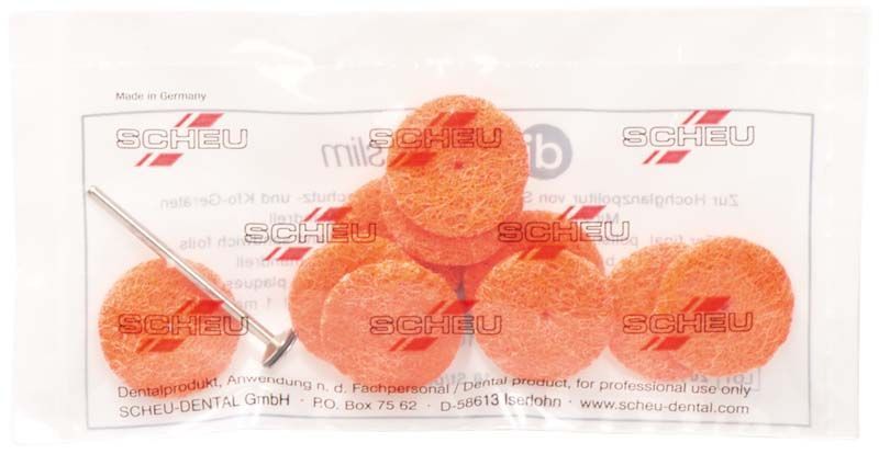 DIMO®PRO SLIM Polierscheiben in einer transparenten Verpackung mit Handstückschaft.