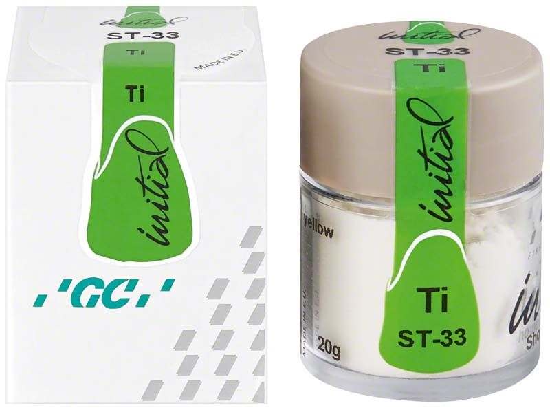 Transparente Zahnschultermasse GC Initial Ti ST-33 in Dose und Verpackung.