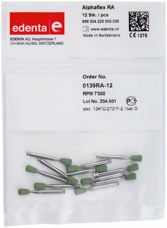 Alphaflex Polierer grün Kegel umgekehrt RA auf Verpackung.