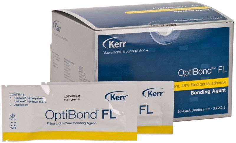 OptiBond FL Unidose-Verpackung von Kerr mit Inhaltsangaben.