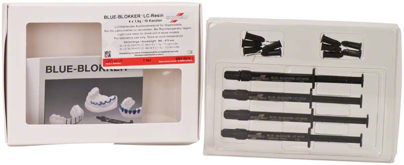 BLUE-BLOKKER® LC-Resin Verpackung mit Spritzen und Zubehör für Kieferorthopädie.