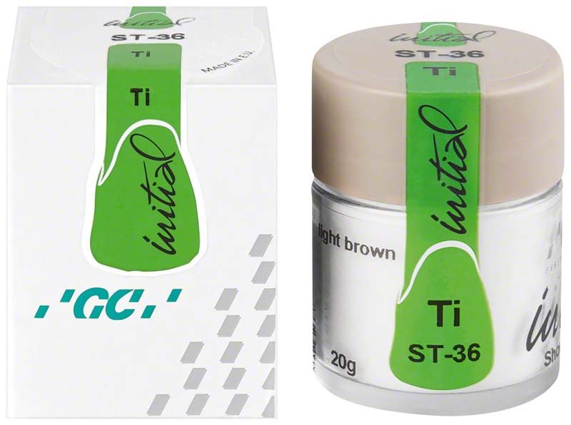 GC Initial Ti Shoulder Transparent ST-36, Verpackung und Produktglas mit grünem Etikett.