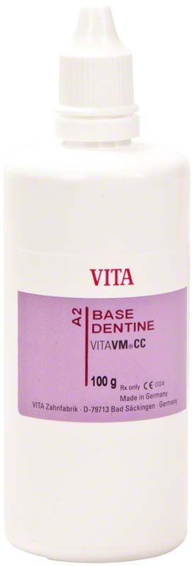 VITAVM®CC BASE DENTINE Flasche mit violettem Etikett und 100g-Angabe.