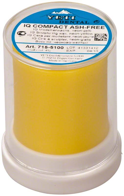 Neongelbes IQ COMPACT Ash Free Kegelwachs, 45 g, in transparenter Dose.