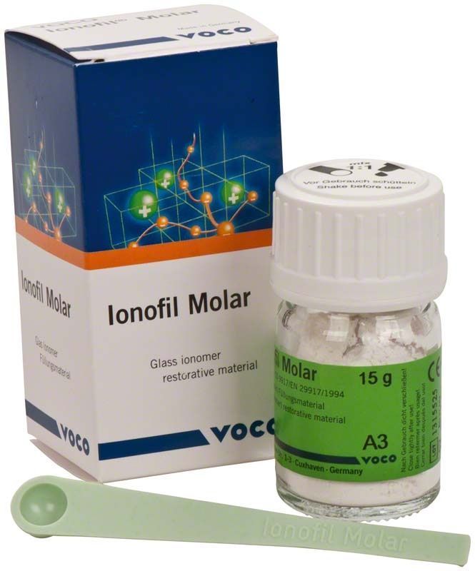 Hochwertiges Glasionomer-Füllungsmaterial VOCO Ionofil Molar Pulver A3 mit Verpackung.