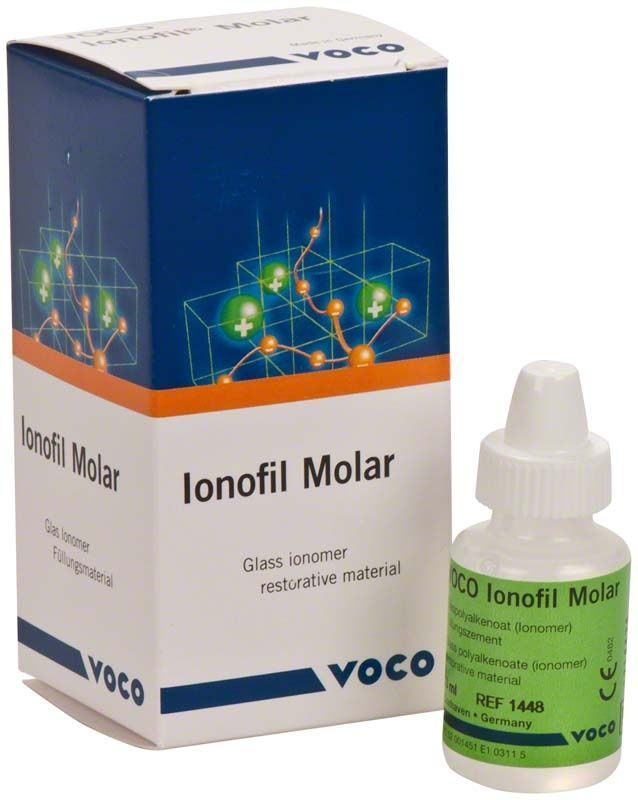 VOCO Ionofil® Molar Verpackung und Fläschchen mit Flüssigkeit für Zahnfüllungen.