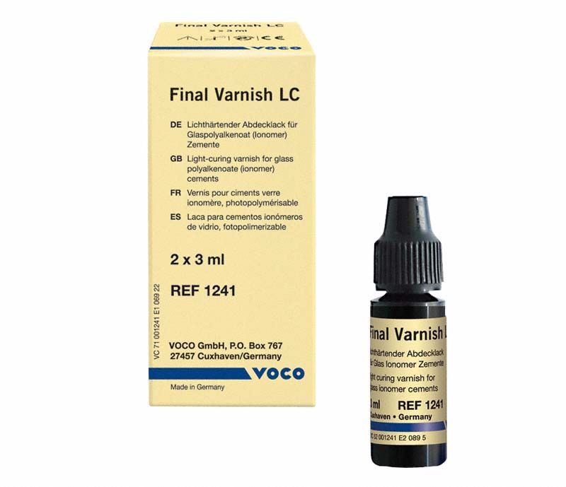 Lichthärtender Abdecklack Final Varnish LC mit Verpackung und Flasche.