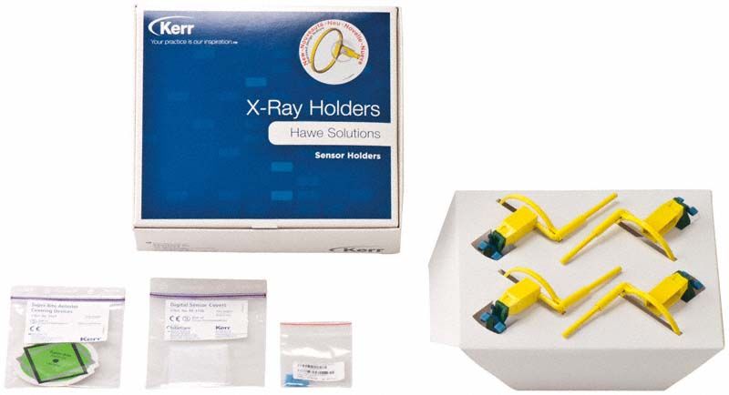 Verpackung und Komponenten des Super-Bite™ Senso mit Ring Anterior Röntgenhalters.