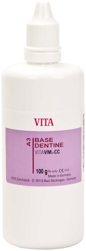 Weiße Flasche VITAVM®CC BASE DENTINE 100g A3 mit lila Etikett.