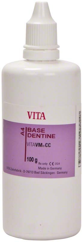 VITAVM®CC Base Dentine A4, 100g Flasche mit lila Etikett.