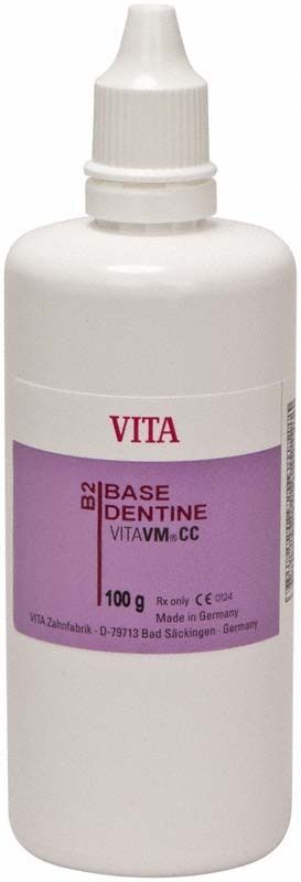 VITAVM®CC BASE DENTINE B2, 100g Flasche mit violettem Etikett.