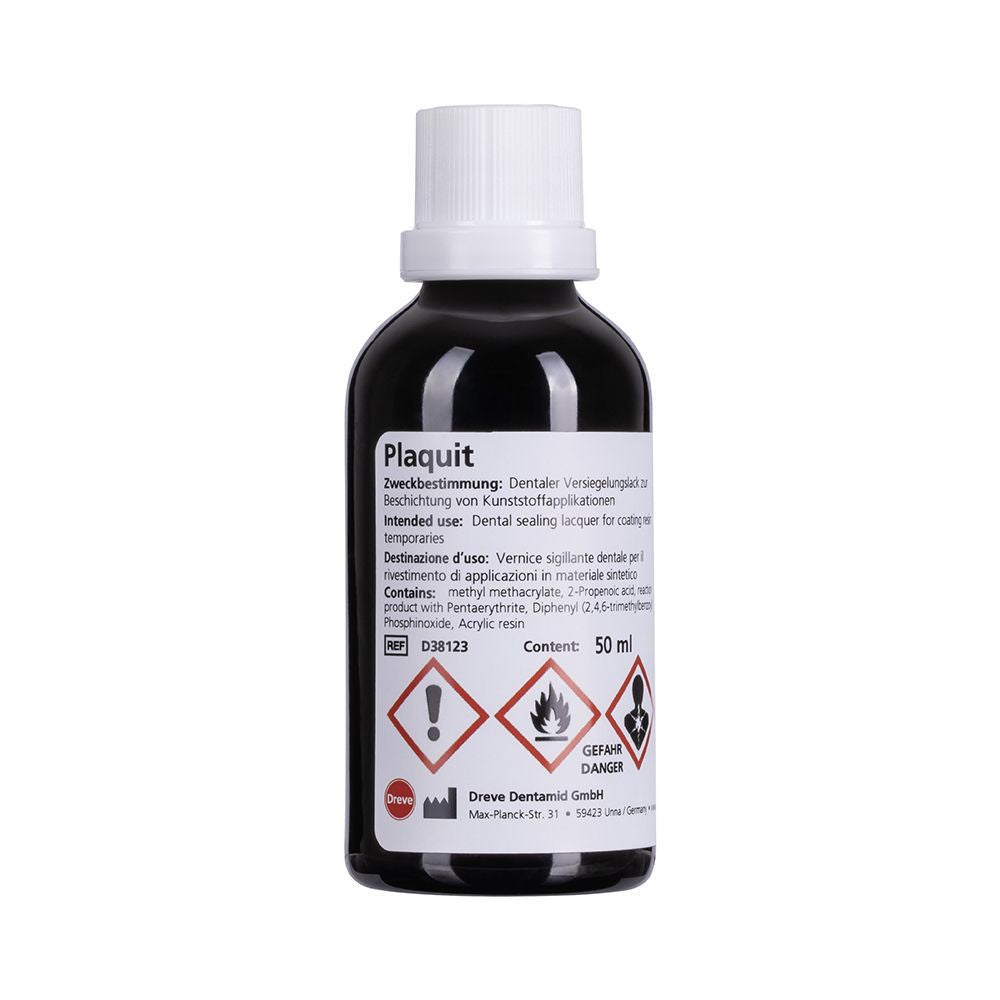 Plaquit 50ml Flasche mit Sicherheitshinweisen und Herstellerangaben.