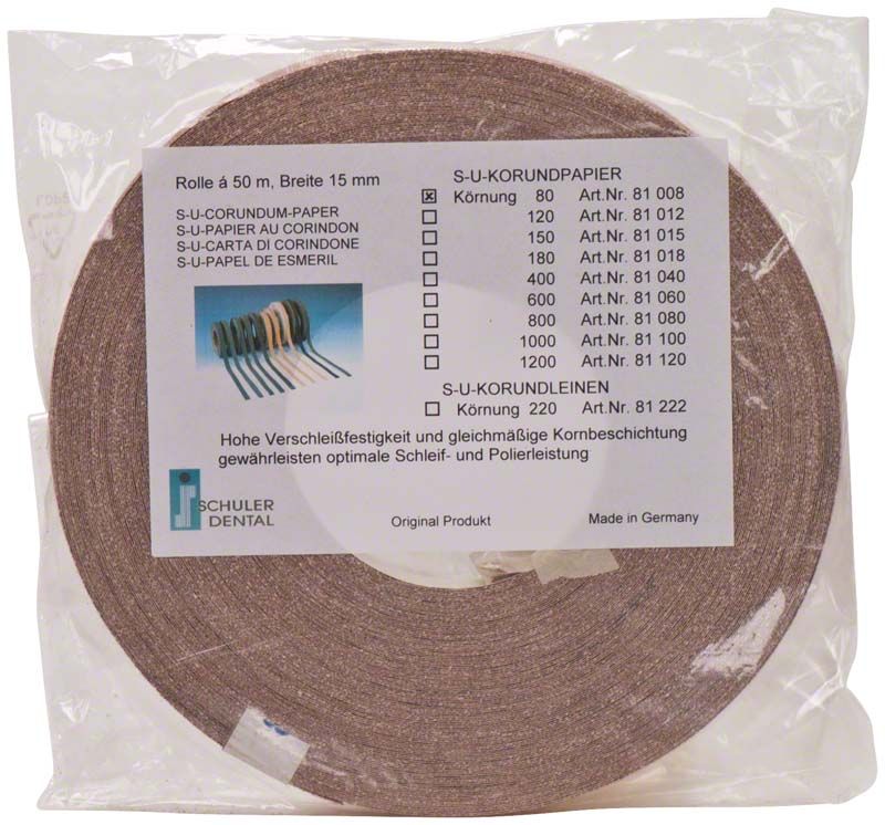 Rolle mit S-U-Korundpapier Körnung 80 in transparenter Verpackung.