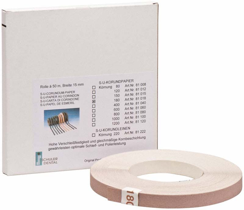 S-U-Korundpapier Körnung 180 Rolle vor Verpackung mit Beschriftung.