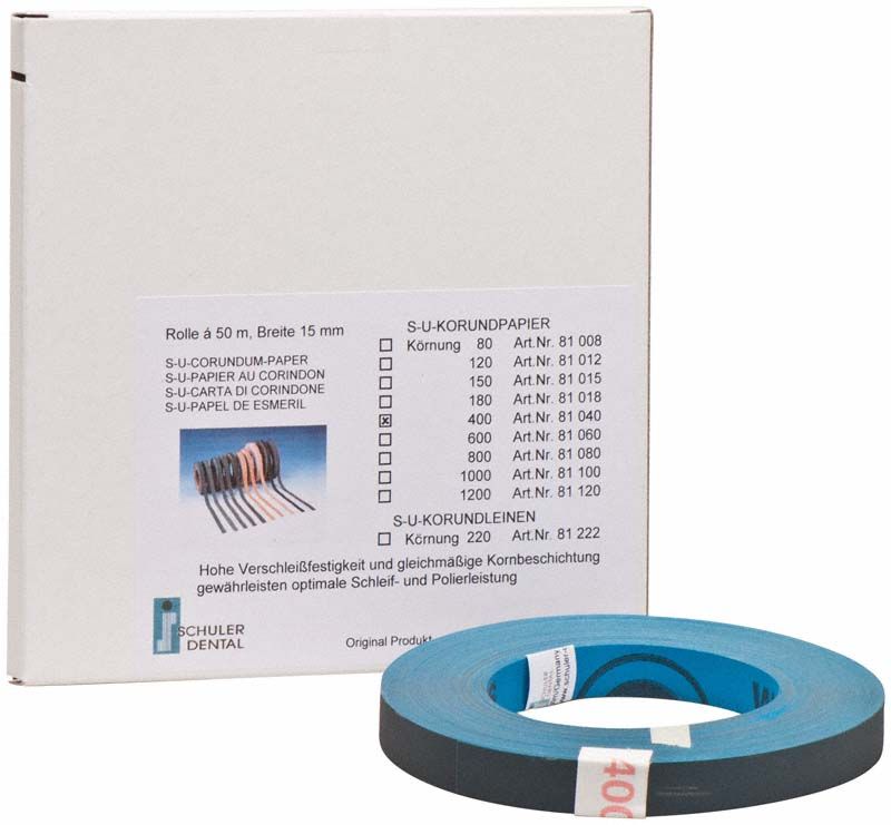 Verpackung mit S-U-Korundpapier Körnung 400 und blauer Schleifrolle.