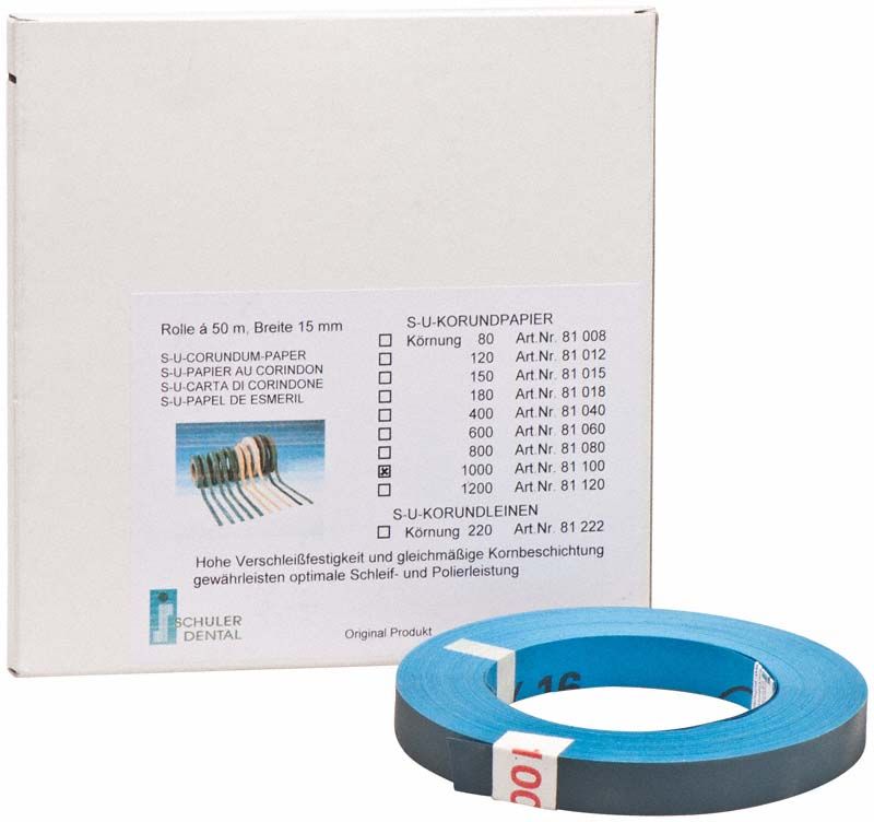 S-U-Korundpapier Körnung 1.000 Rolle und Verpackung mit Produktspezifikationen.