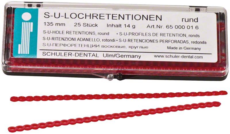 S-U-Lochretentionen rund in rotem Kunststoff mit Verpackungsetikett.